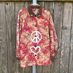 L.L. Bean Red Floral Jacket with Brown Collar
